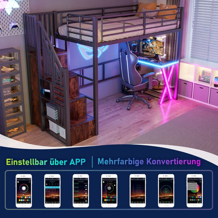 Kinder-Hochbett 90x200 cm mit Schreibtisch, Kleiderschrank, Aufbewahrungsleiter,fernbedienbares LED-Ambientelicht,Schwarz – Bild 5