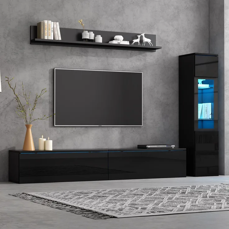 Flieks Wohnwand 3-teilig mit RGB-LED, TV-Lowboard, Vitrine und Wandregal für TVs bis 80 Zoll, Hochglanz Schwarz