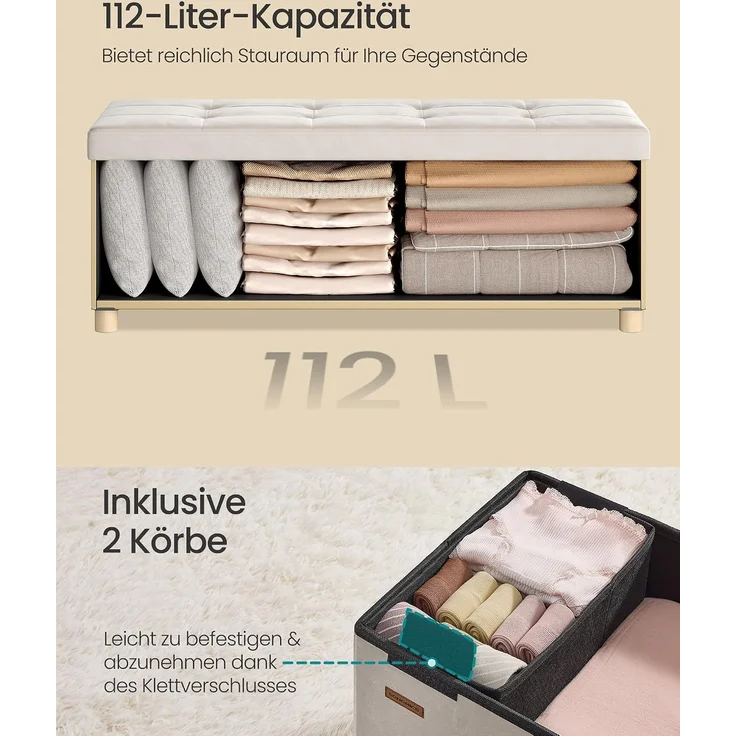 SONGMICS Sitzbank mit Stauraum, Hocker faltbar, 38 x 110 x 40 cm, Aufbewahrungsbox mit Deckel, Fußhocker 112 L, Samt, bis 300 kg belastbar, Flur Wohnzimmer Schlafzimmer – Bild 6