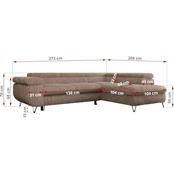 Mks Möbel 'Peter L-form' Ecksofa mit Bettfunktion, Bettkasten & einstellbaren Kopfstützen, Braun, Cord, rechts – Bild 4