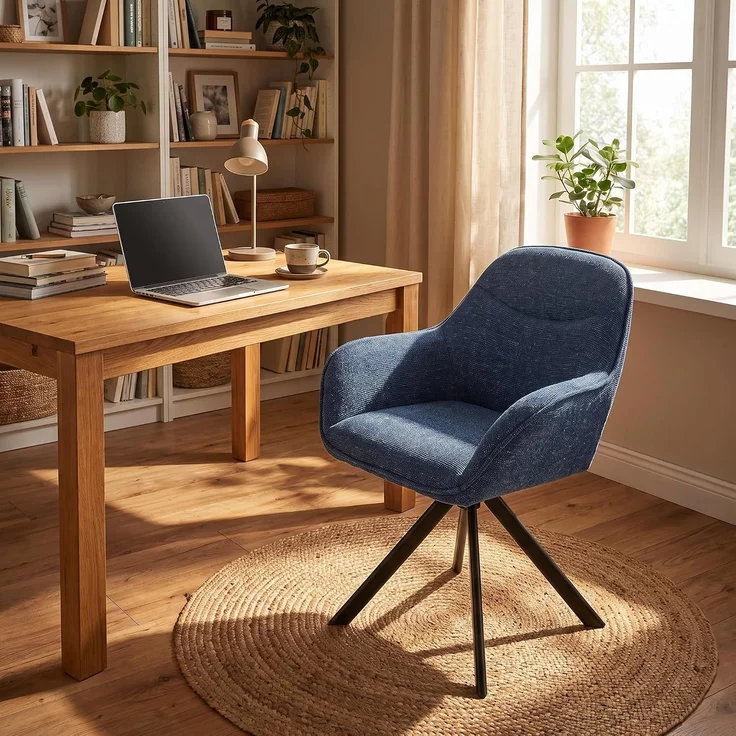 GOEURVANT 1370 Esszimmerstühle 6er-Set mit Armlehnen, 360° Drehbar, Chenille - Blau – Bild 4