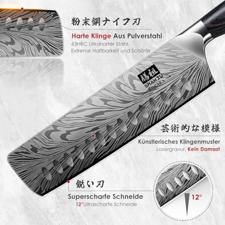 SHAN ZU Küchenmesser aus Pulverstahl, 18 cm Japanisches Nakiri-Messer, Kohlenstoffreicher 63 HRC-Gemüseschneider, Professionelles Kochmesser Mit 12°-Schärfe und Ergonomischem Pakkaholzgriff – Bild 3