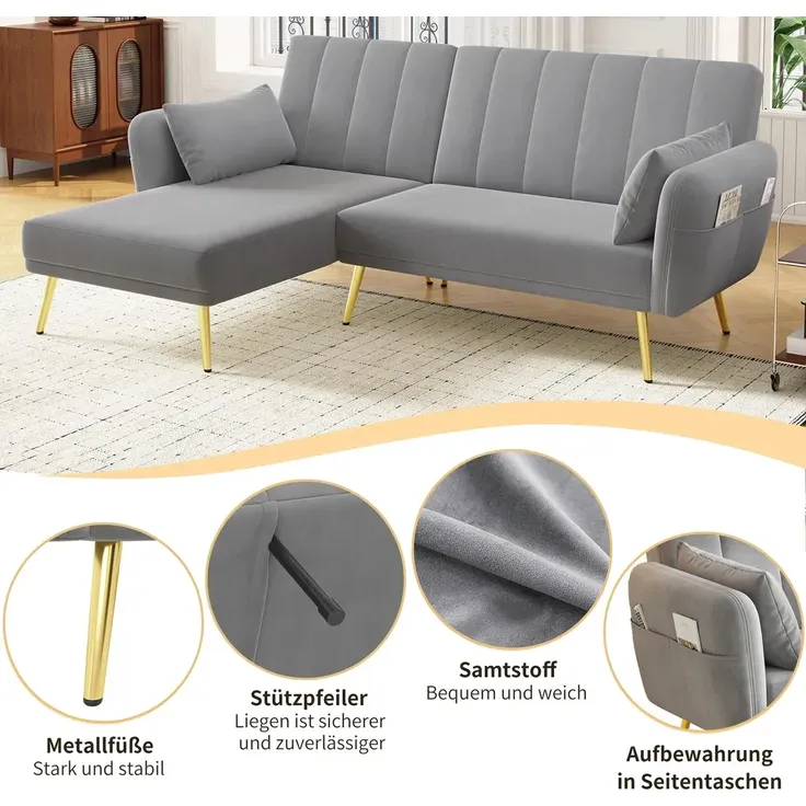 Ecksofa mit Relaxfunktion, L-Form, Schlafsofa mit Verstellbarer Rückenlehne, Polstersofa, Loungesofa, Samtbezug – Bild 7