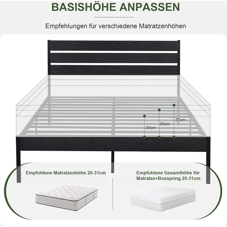 VECELO Bettgestell 140x200 cm, Metallbett mit Dick Holzkopfteil und Lattenrost, Doppelbett mit Stauraum unter dem Bett, perfekt für Schlafzimmer, Schwarz – Bild 6