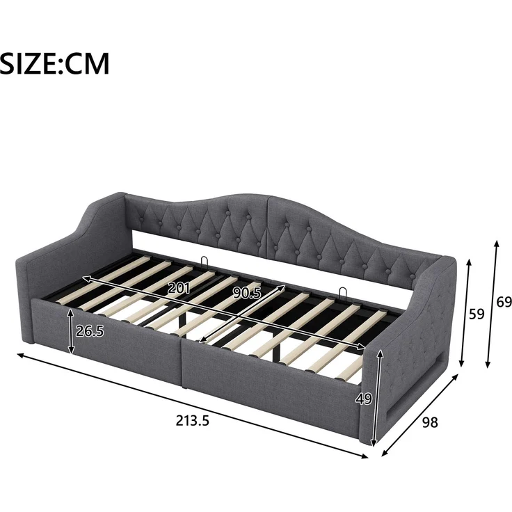 Gepolstertes 90x200 Tagesbett mit LED-Gürtel und Stauraum darunter, Grau – Bild 5