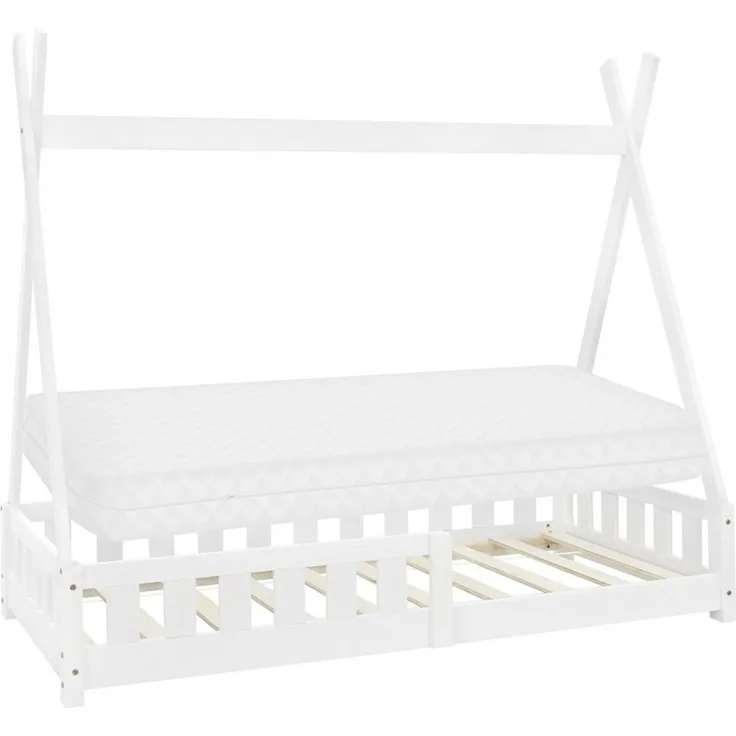 ML-DESIGN Spielbett Hausbett Tipi Zeltbett inkl. Lattenrost Bodenbett Kinder Himmelbett, Abenteuerbett mit Rausfallschutz Zelt Bett Kiefer Weiß Kinderhaus