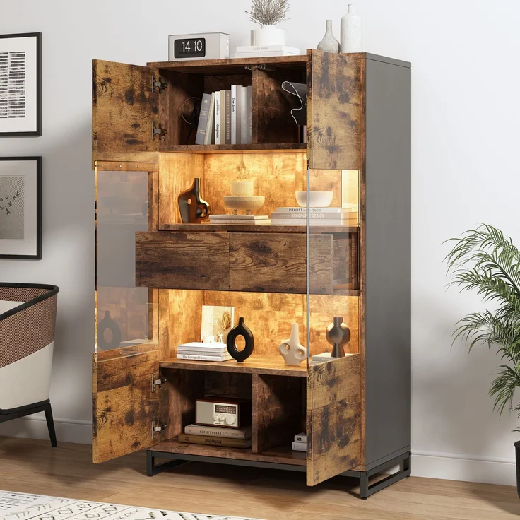 ZUBALIYA Vitrine (80 x 40 x 138 cm), 2 Türen und 2 Schubladen, LED - Beleuchtung, Transparente Elemente, Beige / Naturfarben / Schwarz – Bild 1
