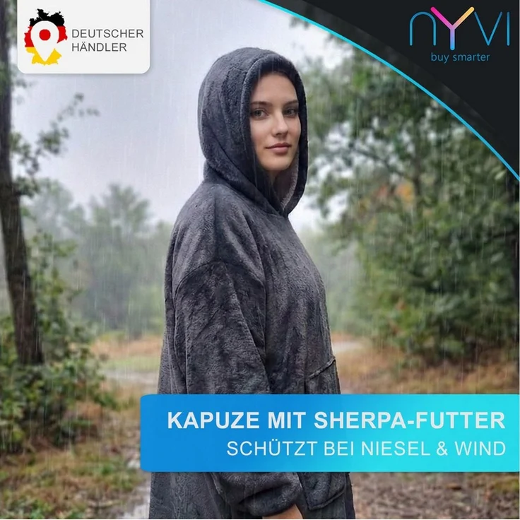Wohndecke IamFlauschi Hoodie Decke mit Ärmeln, Kapuze und Kängurutasche, NYVI, Tragbare Flanell Decke zum Anziehen für Erwachsene & Jugendliche – Bild 3