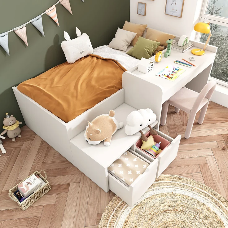 Kinderbett mit Schreibtisch & 2 Schubladen, Kiefer-Massivholz/MDF, 137x205x82,5 cm, Weiß, ohne Matratze – Bild 4