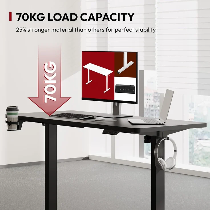 SANODESK Höhenverstellbarer Schreibtisch mit VOLLSTÄNDIGER TISCHPLATTE, 4 Zubehörteilen (Becherhalter, Haken, Aufbewahrungsbox, Kabelmanagement), ergonomisch für Büro und Homeoffice, Schwarz, 110x54CM – Bild 4
