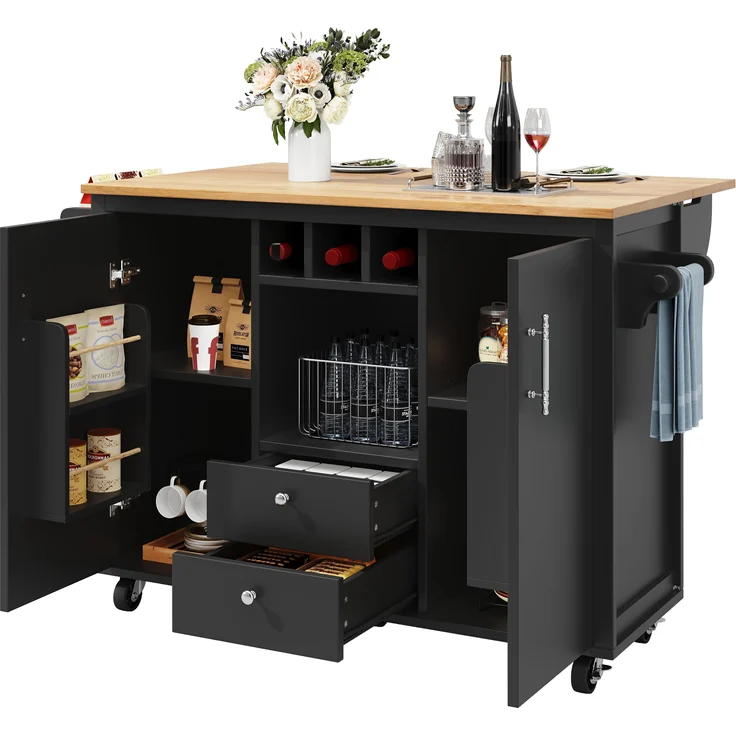 Kücheninsel mit Stauraum und klappbarer Arbeitsplatte, Küchenwagen mit Schubladen, Doppeltüren, Weinregal, Handtuch- & Gewürzhalter, 92.2cmx137.9cmx45-73cm, Schwarz – Bild 7