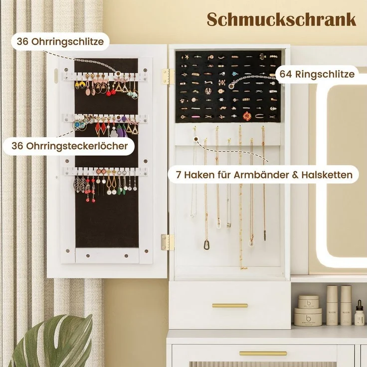 COSTWAY Schminktisch (1-St), mit LED & Ladestation, Hocker, Spiegel, Schubladen – Bild 3