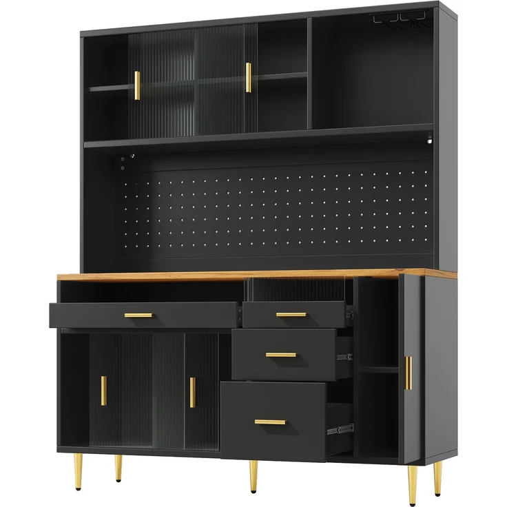 Sideboard 145x39x171 cm, schwarz, mit LED, Glasschiebetür, höhenverstellbaren Fächern – Bild 4