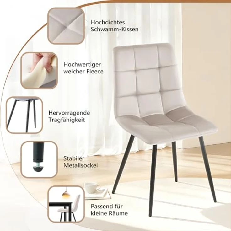 Sweetcrispy Esszimmerstuhl, Küchenstuhl mit Metallbeinen - Samt Esstisch Stuhl ohne Armlehnen, moderner Stühle Esszimmer, 2 Stück, Hellgrau – Bild 5