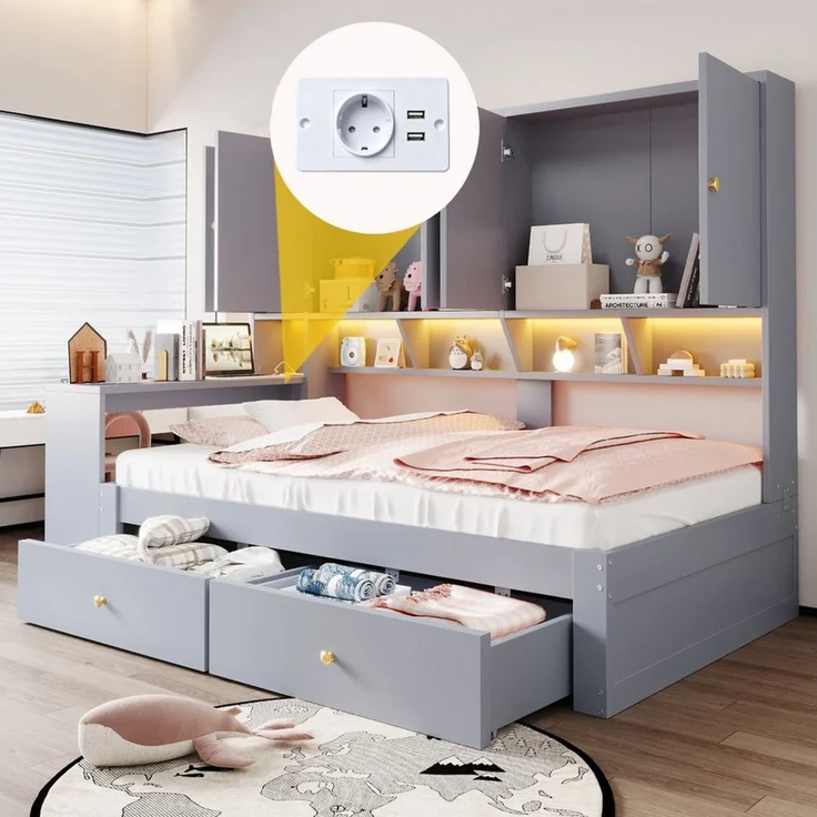 i@home Funktionsbett Multifunktionales Holzbett 90x200 cm Einzelbett, Jugendbett, Grau (LED-Beleuchtung sowie Steckdosen, Bettgestell für Jugendzimmer), integrierter Schreibtisch, mehrere Schränke, Ablagefächer & Schubladen – Bild 3
