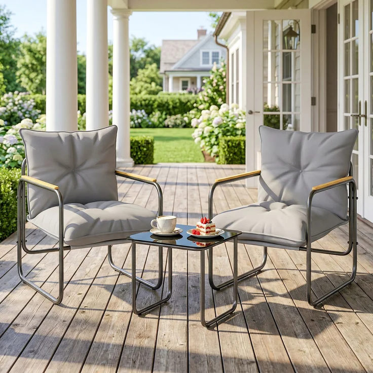 3-teiliges Bistrò-Set, Gartenmöbel aus Metall mit Kissen, Dunkelgrau – Bild 3