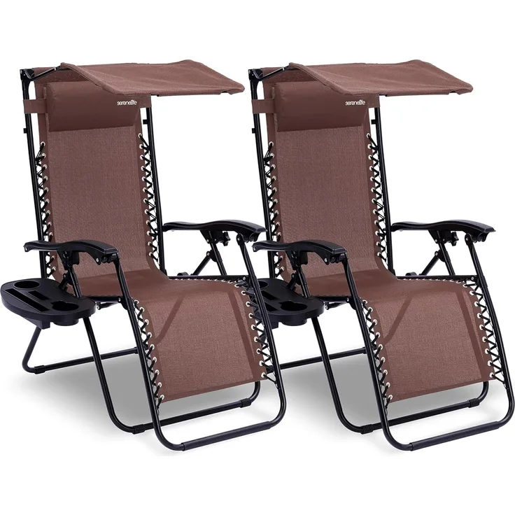 SereneLife Sonnenliege Klappbar 2er Set, Gartenliege Wetterfest zum Liegen & Relaxen, Deckchair mit mit Sonnendach, Beistelltisch & Getränkehalter, Campingstuhl Verstellbar mit Stahlrahmen bis 120 KG