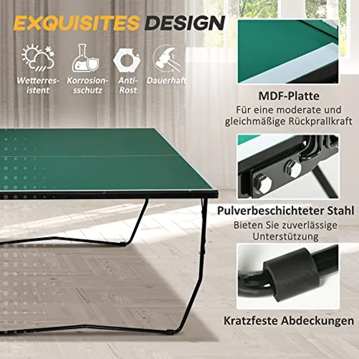 SPORTNOW Klappbarer Tischtennistisch, Indoor Tischtennisplatte mit Rollen, Set mit 2 Schlägern und 3 Bällen, Stahl, Grün, 274 x 152,5 x 76 cm – Bild 5