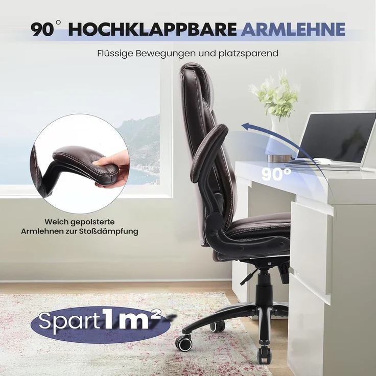 COLAMY Ergonomischer Bürostuhl, Office Bürostuhl Ergonomisch, 360° Drehung Chefsessel Schreibtischstuhl mit Hochklappbaren Armlehnen, Verstellbarer Rückenlehne, Höhe & Kippspannung, Braun – Bild 8