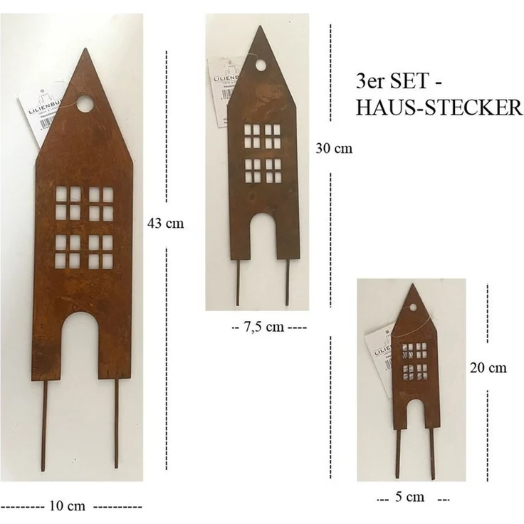 LB H&F Lilienburg Gartenstecker LB H&F Lilienburg Häuser 3er Set Gartendeko Roststecker (Edelrost Gartenfigur Dekofigur Dekohaus Haus Rost Rostdeko) Rost Metall Gartenstecker Beetstecker Dekostecker rostige Deko Garten – Bild 2