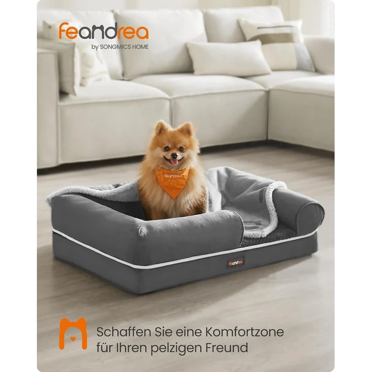 Feandrea Orthopädisches Hundebett, Hundekissen, Hundekorb, weiche Polsterung, Hundesofa, erhöhte Ränder, Bezug abnehmbar und waschbar, 76 x 51 x 18 cm, rutschfeste Unterseite, hellgrau PGW074G02 – Bild 2