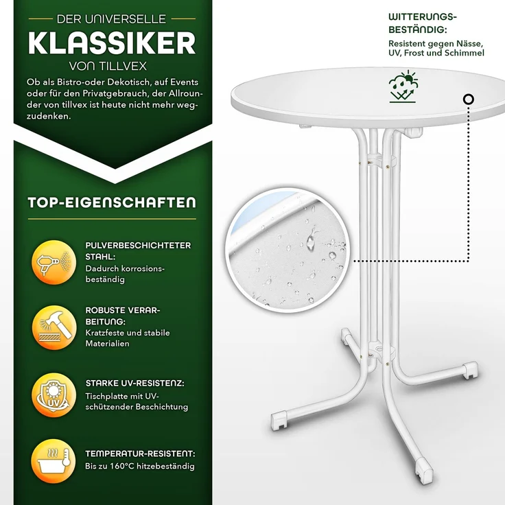 tillvex® Gastro Stehtisch klappbar 2er Set - Ø60cm weiß | Bistrotisch FERTIG MONTIERT | Klapptisch rund - wetterfester Partytisch | Gartentisch Indoor & Outdoor – Bild 2