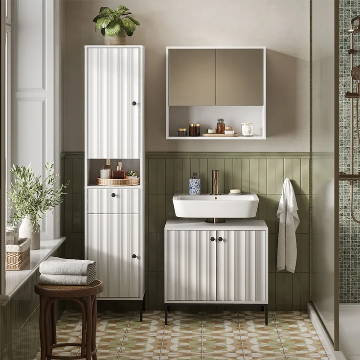 Badschrank Eliza Weiß Riffel 40 x 190 cm mit 2 Türen Vicco – Bild 3