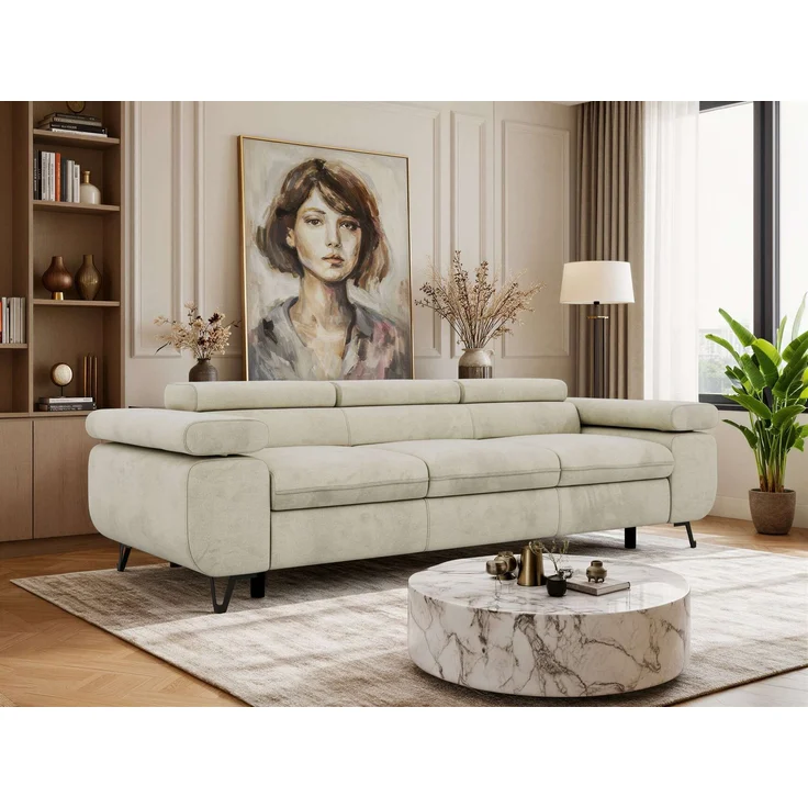 3-Sitzer Polstersofa PETER, verstellbaren Armlehnen und Kopfstütze, breite 262 cm, Gepolsterte Couch, Wellenfeder - Beige Velvet – Bild 1