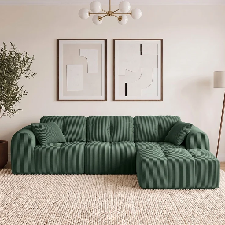 skølm 'Vanaheim' Sofa 3 Sitzer mit Hocker & 2 Kissen, Cloud Sofa dunkelgrün, Cord, Vollschaumcouch mit Federkern und Vakuum-Kompression, kein Aufbau erforderlich – Bild 1
