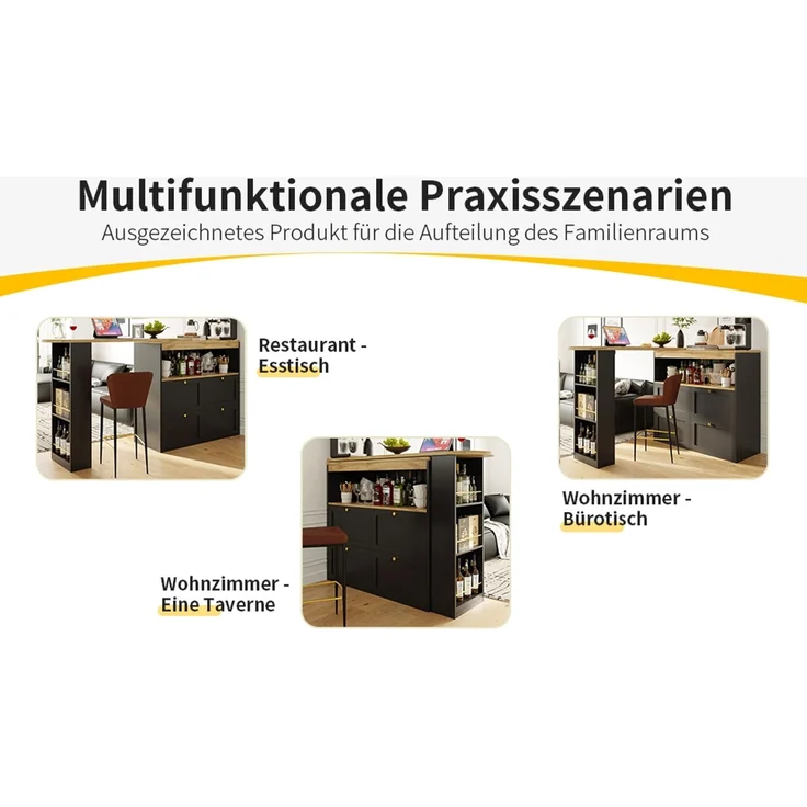 Bartisch 105 x 39 x 102 cm, 360° drehbar, mit 4 Schubladen und offenen Ablagen, Schwarz – Bild 9