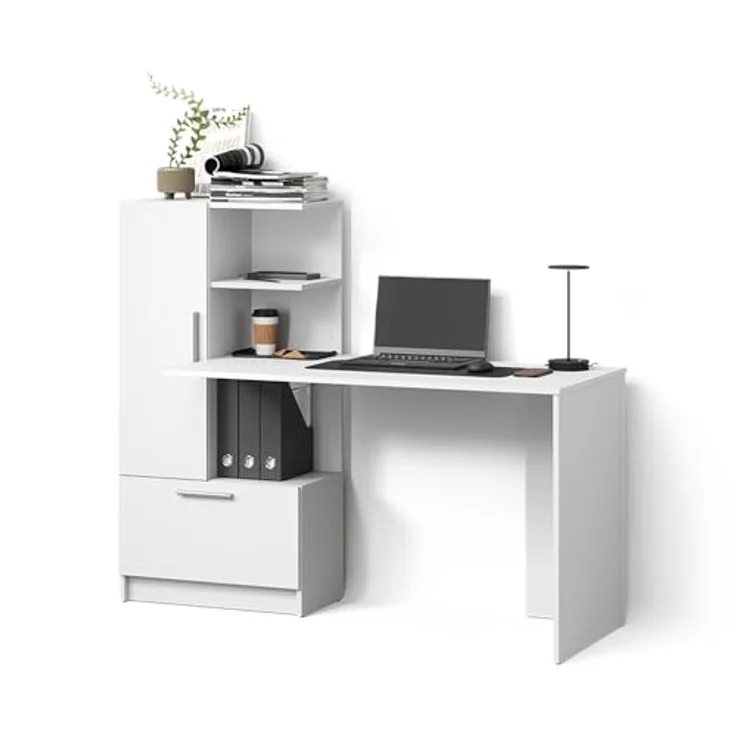 Livinity® Schreibtisch Lorena, Weiß, 150 x 120.1 cm mit 2 Türen aus Spanplatte – Bild 1