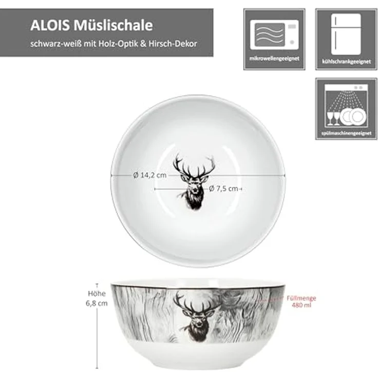MamboCat Müslischale 6x Alois Müsli-Schale Ø14,2cm 480ml Porzellan 6 Personen Hirsch, Porzellan – Bild 6