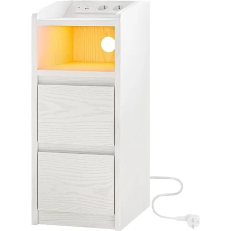 IRONCK Nachttisch Schmal (2, Weiß) | Bedside Table mit Offenem Fach für Schmale Räume Schlafzimmer, Wohnzimmer, 2 Schubladen,2 AC-Steckdosen,USB+Typ-C Anschlusse – Bild 4