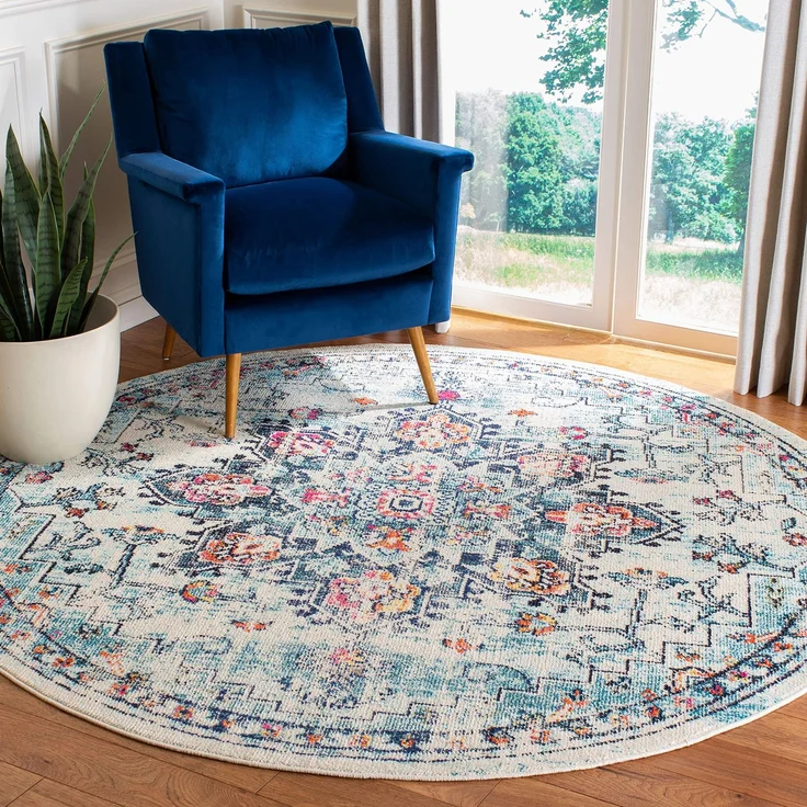 SAFAVIEH Boho Teppich für Wohnzimmer, Esszimmer, Schlafzimmer - Madison Collection, Kurzer Flor, Creme und Blau, 244x244 cm