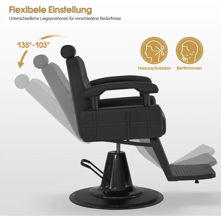 BarberPub Friseurstuhl mit Kopfstütze Kippbar, Friseureinrichtung mit Hydraulikpumpe 360° Drehbar, Bedienungsstuhl Höhenverstellbar, Barber Stuhl Friseurstühle Kunstleder, 3841 (Schwarz) – Bild 3