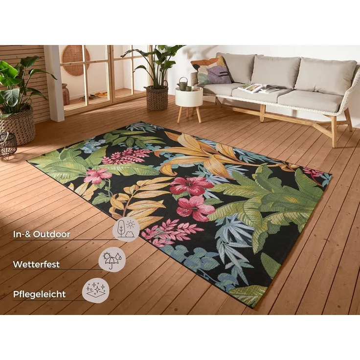 Hanse Home Tropical Flowers In- & Outdoor Teppich – Flachgewebe Aussenteppich, Jungel Blumen Flower Florales Design, ÖKO-TEX Wetterfest & UV-beständig für Balkon, Terrasse, Garten – Bunt, 80x165 cm