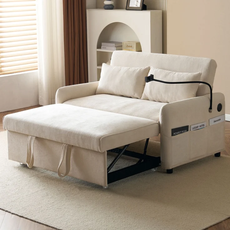 Ausziehbares Schlafsofa 2-Sitzer mit USB-Anschluss & verstellbarer Rückenlehne mit Kissen und Stauraumtaschen,multifunktionales,Beige – Bild 3