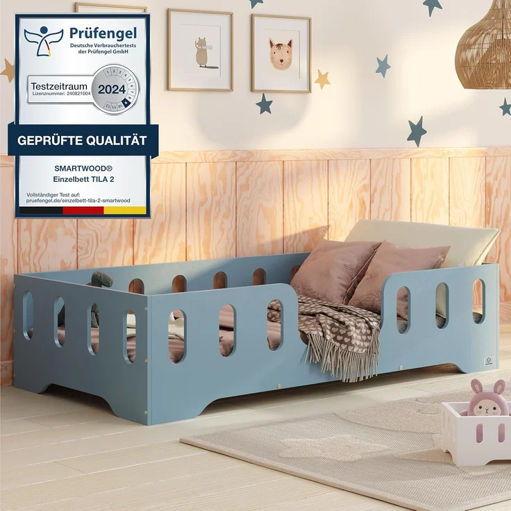 smartwood Kinderbett Bodenbett 80x200 mit Rausfallschutz & Lattenrost - Blau - Kinder Montessori Bett TILA 2 mit glatten Kanten - Betten für schnelle Montage - Bis 230 kg belastbar – Bild 1