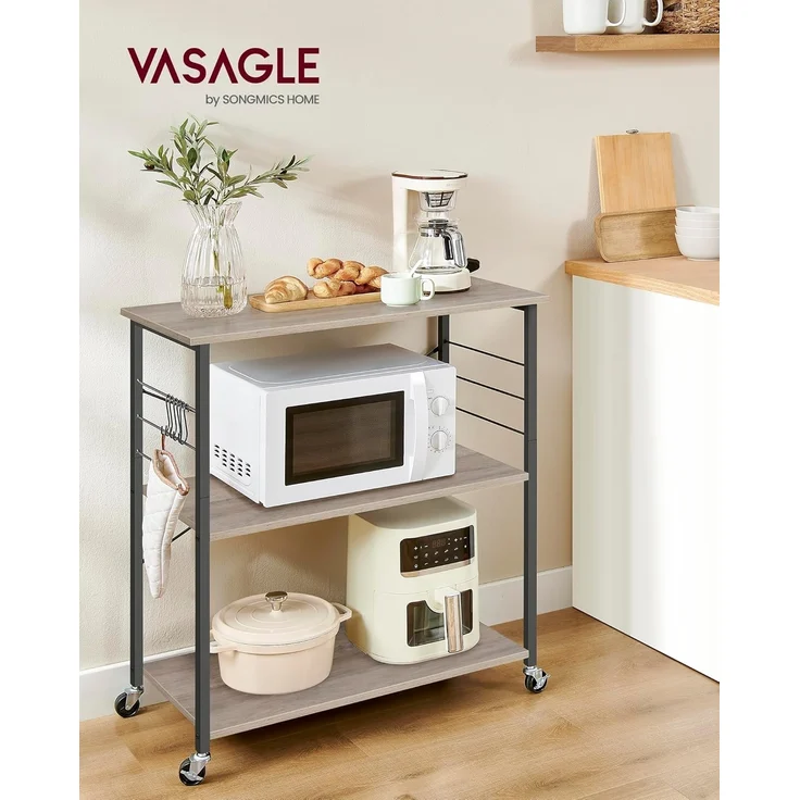 VASAGLE Küchenregal auf Rollen, Servierwagen, 3 Ebenen, Küchenwagen, für Mini-Backofen, Mikrowellen, Metallrahmen, 6 Haken, 40 x 80 x 89 cm, Greige meliert-tintenschwarz KKS067K02 – Bild 2