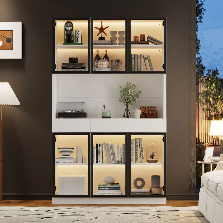 Vitrinenschrank 120x36x200 cm in Weiß, 6 Glastüren, LED-Beleuchtung und 3 Schubladen – Bild 4