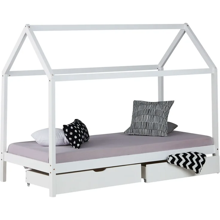 Hausbett 90x200 cm Weiß mit Bettkasten und Lattenrost