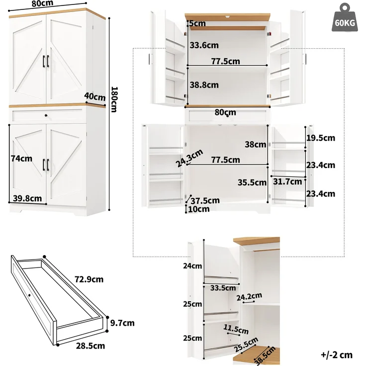 MODFU Hochschrank Küchenschrank,Vitrinenschrank,Buffetschrank (mit 12 Türfächern & Schubladen, 4-stufiges verstellbares Snack-Regal, Anti-Kipp-Schutz, 1-St, 80x40x180cm) – Bild 5
