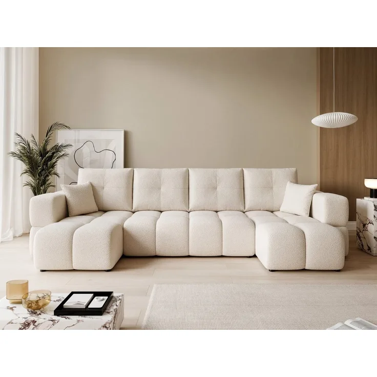 yourhouse24 Wohnlandschaft BUENO U im Glamour-Stil – Trend-Bouclé, Schlaffunktion & Bettkasten, mit Schlaffunktion und Bettkasten, Seite universal