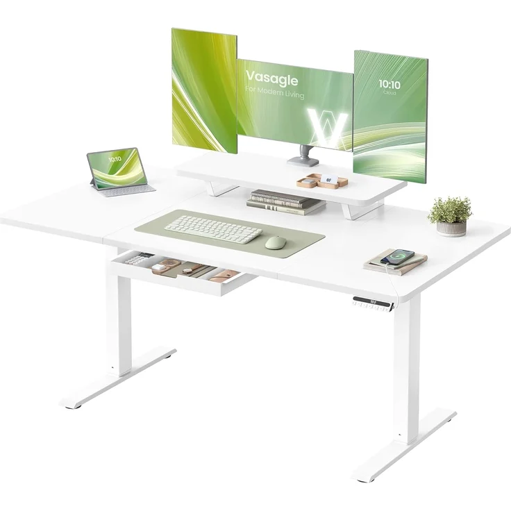VASAGLE Höhenverstellbarer Schreibtisch, 140x70 cm, flexibel montierbarer Monitorständer, Schublade, USB-C-Anschluss, Erinnerung bei langem Sitzen, für Büro, wolkenweiß LSD154WB01 – Bild 1