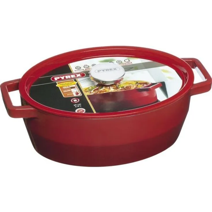 PYREX Slow Cook Bratentopf oval, mit Deckel, Länge: 290 mm, rot
