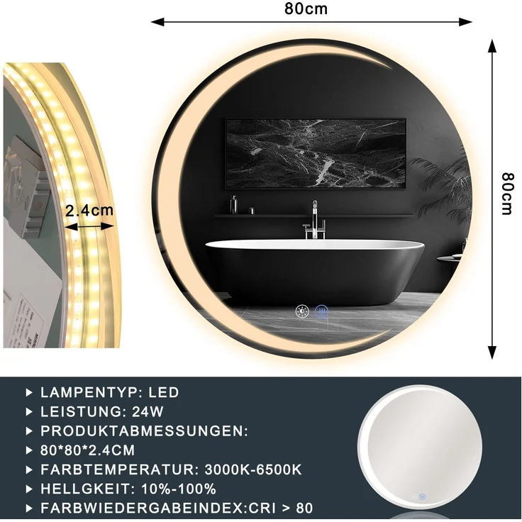 ZMH Runder Badezimmerspiegel mit Beleuchtung – 80 cm runder Wandspiegel LED IP44 runder Badezimmerspiegel mit Touch-Schalter und Antibeschlagfunktion – Bild 3