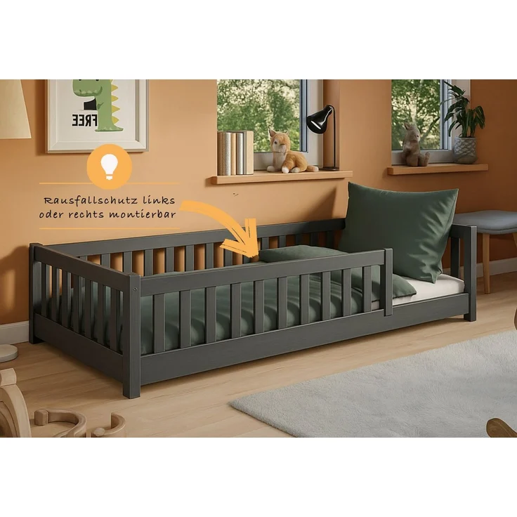 Kids Collective Kinderbett Bodenbett Bett mit Rausfallschutz & Lattenrost Montessori Bett Kinder (weitere Größen 80x160, 80x180, 90x190, 120x200, 140x200 cm), Jugendbett Einzelbett Graphit Kiefer 90x200 cm – Bild 4