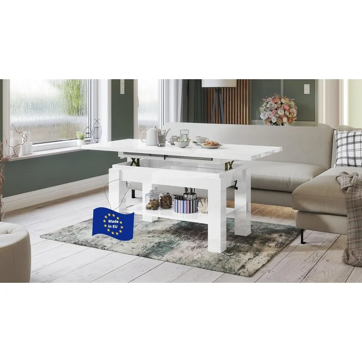 designimpex Couchtisch Couchtisch Astoria Weiß Hochglanz höhenverstellbar ausziehbar Esstisch, Funktionstisch, Wohnzimmertisch, Tisch, Esstisch, Sofatisch – Bild 1