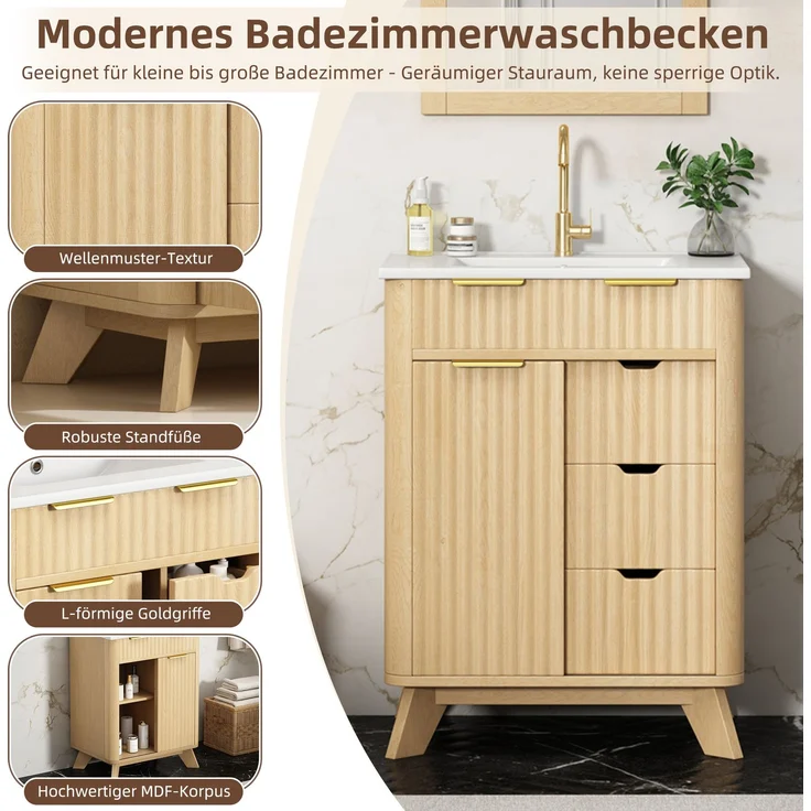 Waschtischkommode 61 x 47 x 90 cm aus MDF mit Keramikwaschbecken, Schiebetür und Wellenstruktur – Bild 8
