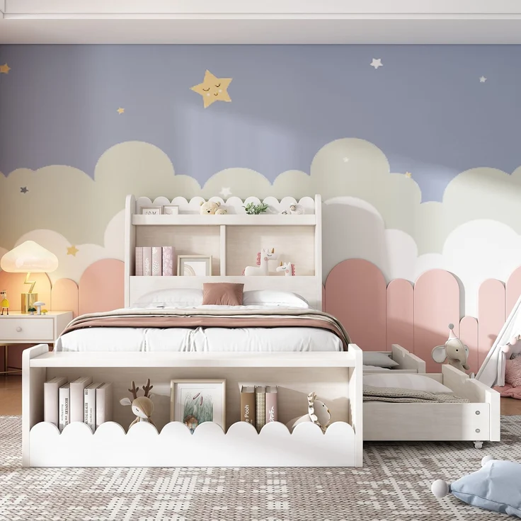 Kinderbett / Einzelbett Stauraumbett 230×98×100 cm (L×B×H) – Massivholz & MDF mit Lattenrost, Liegefläche 90×190 cm, Weiß + Light Oak – Bild 5